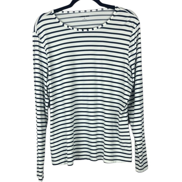 Lands' End UPF 50 Long Sleeve Relaxed Rash Guard White/Deep Sea Stripe Size L - Picture 1 of 9